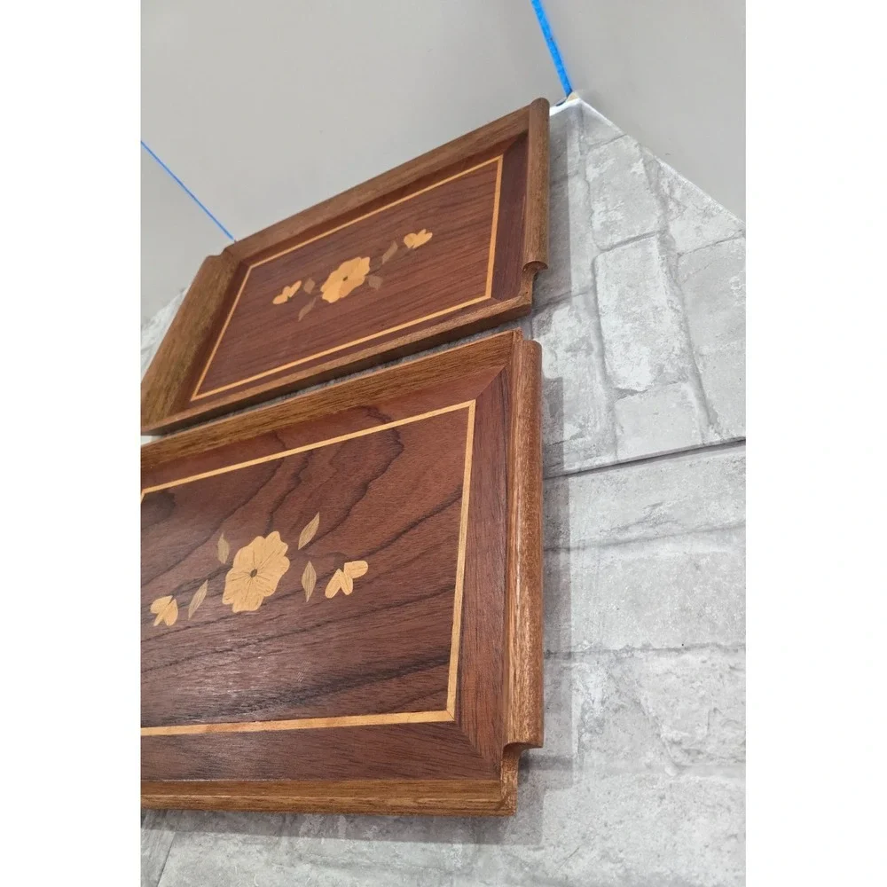 2 Vintage Mid Century Riekes Crisa Wood Inlay Tray Spline Joints Floral Motif